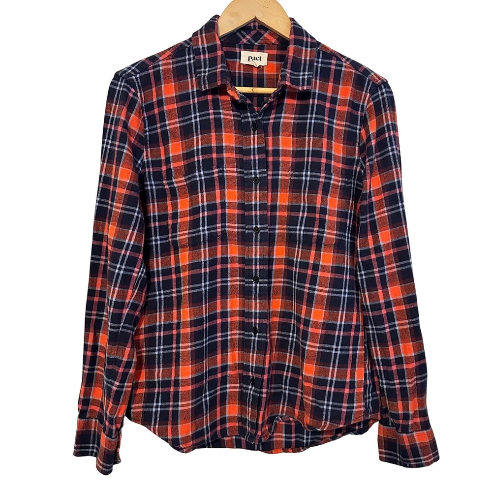 Pact Organic Fireside Plaid Flannel Button Down Shirt Womens Medium Outdoor